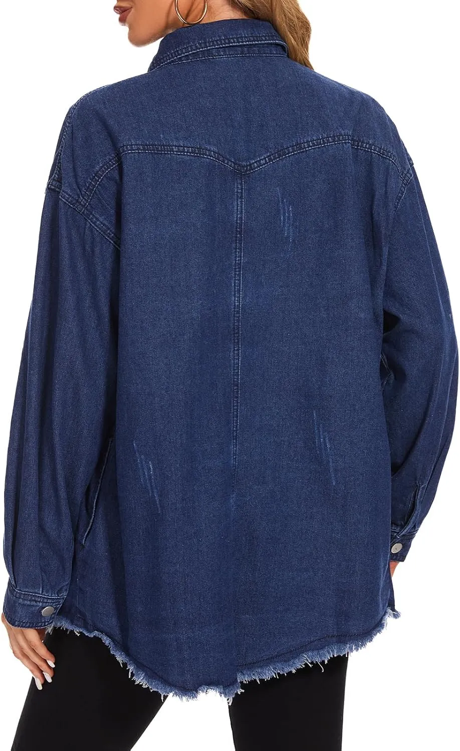 Women Oversized Button Up Denim Long Boyfriend Distresse Jean Jacket Frayed Hem Shacket