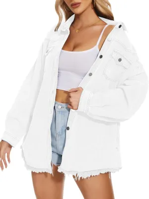 Women Oversized Button Up Denim Long Boyfriend Distresse Jean Jacket Frayed Hem Shacket