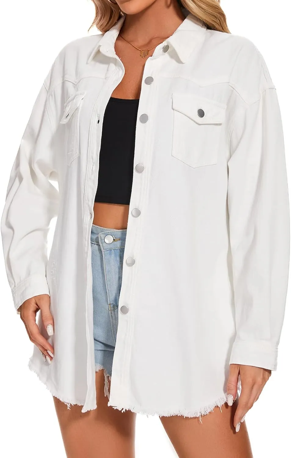 Women Oversized Button Up Denim Long Boyfriend Distresse Jean Jacket Frayed Hem Shacket