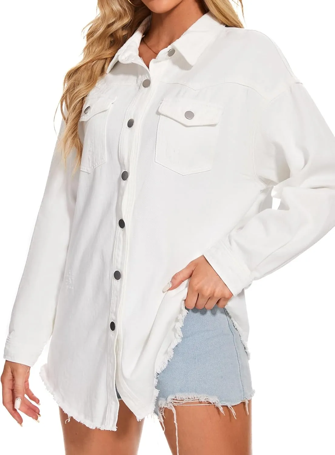 Women Oversized Button Up Denim Long Boyfriend Distresse Jean Jacket Frayed Hem Shacket