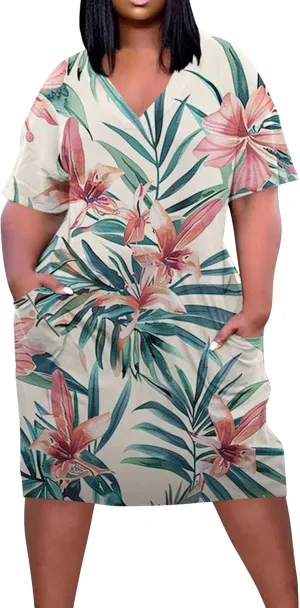 Women Oversized Dress Floral Printed V Neck Casual Tunic Dress Summer Short Sleeve Knee Length Midi Dresses Plus Size