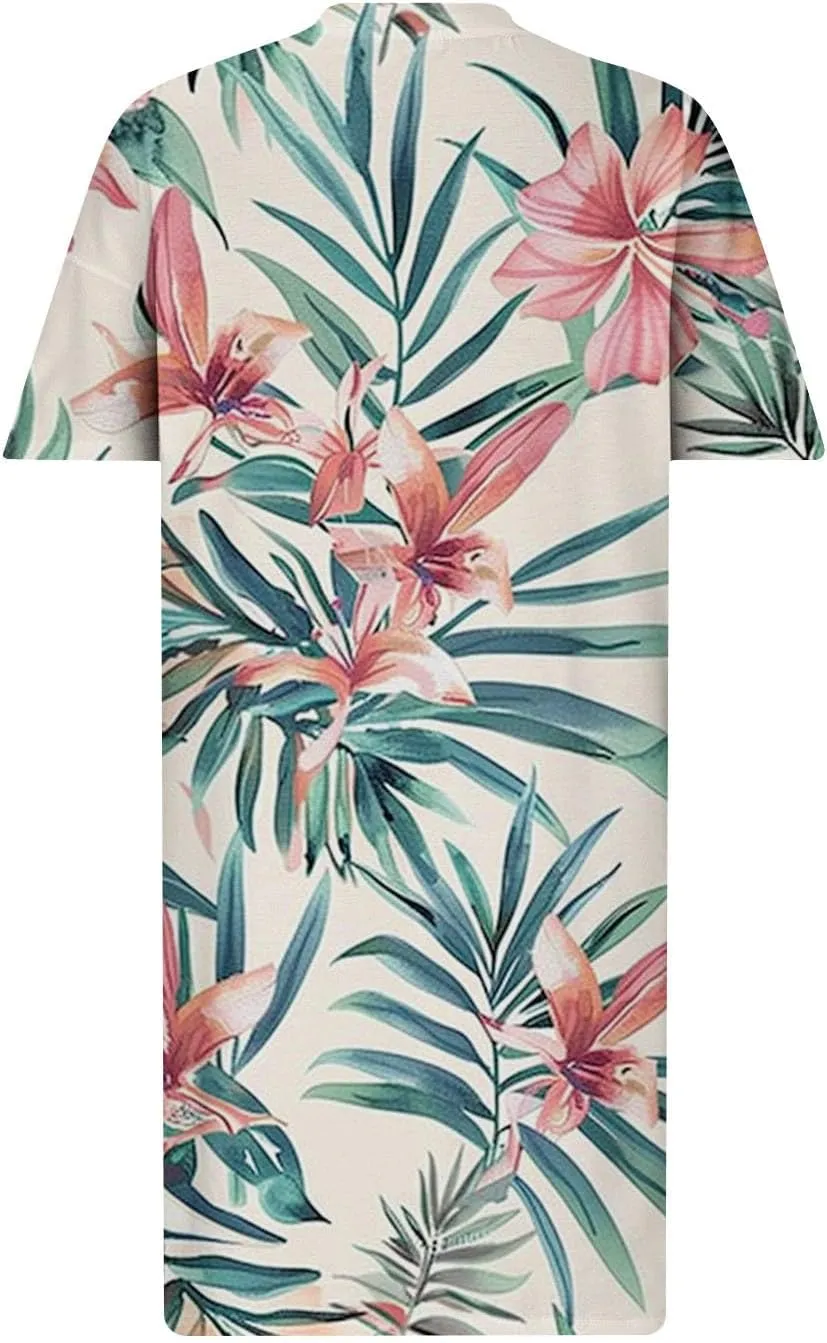 Women Oversized Dress Floral Printed V Neck Casual Tunic Dress Summer Short Sleeve Knee Length Midi Dresses Plus Size