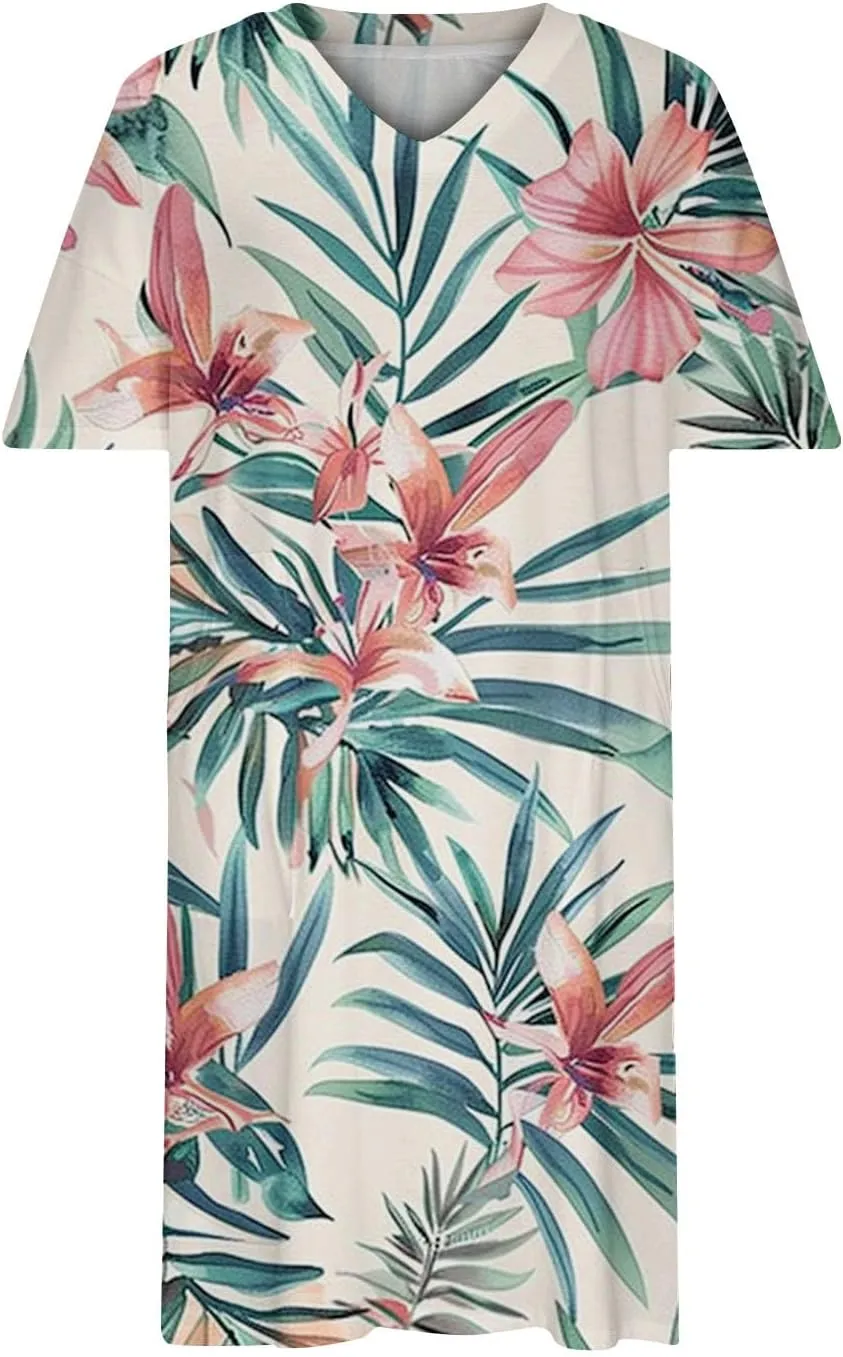 Women Oversized Dress Floral Printed V Neck Casual Tunic Dress Summer Short Sleeve Knee Length Midi Dresses Plus Size