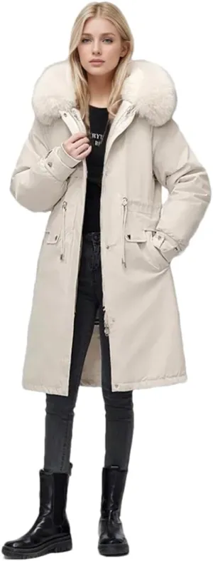 Women Parka Clothes Loose Long Coat Wool Liner Hooded Down Cotton Jacket Fur Collar Thick Warm Snow Wear Padded