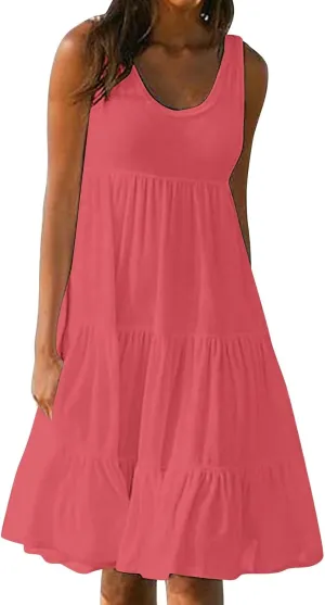 Women Plus Size Summer Dresses Loose Fit Crew Neck Sleeveless Sundress Cute Peplum Tired Beach Vacation Midi Dress