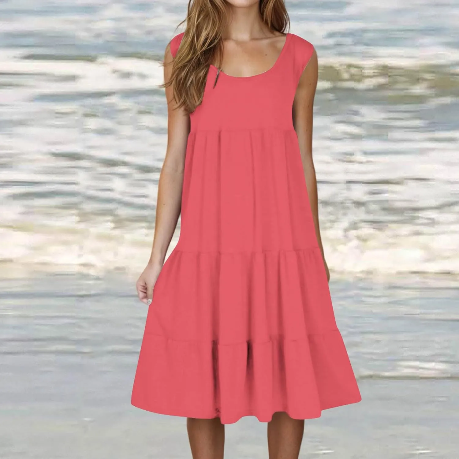 Women Plus Size Summer Dresses Loose Fit Crew Neck Sleeveless Sundress Cute Peplum Tired Beach Vacation Midi Dress