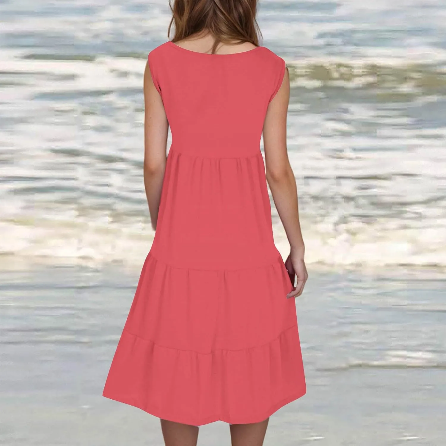Women Plus Size Summer Dresses Loose Fit Crew Neck Sleeveless Sundress Cute Peplum Tired Beach Vacation Midi Dress