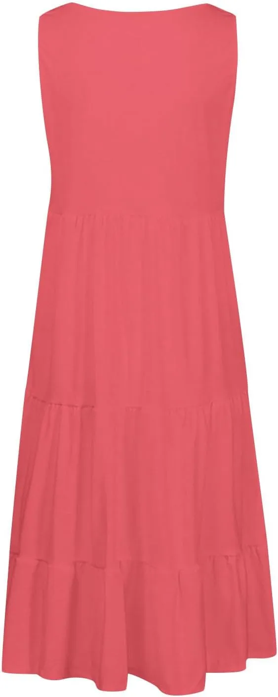 Women Plus Size Summer Dresses Loose Fit Crew Neck Sleeveless Sundress Cute Peplum Tired Beach Vacation Midi Dress