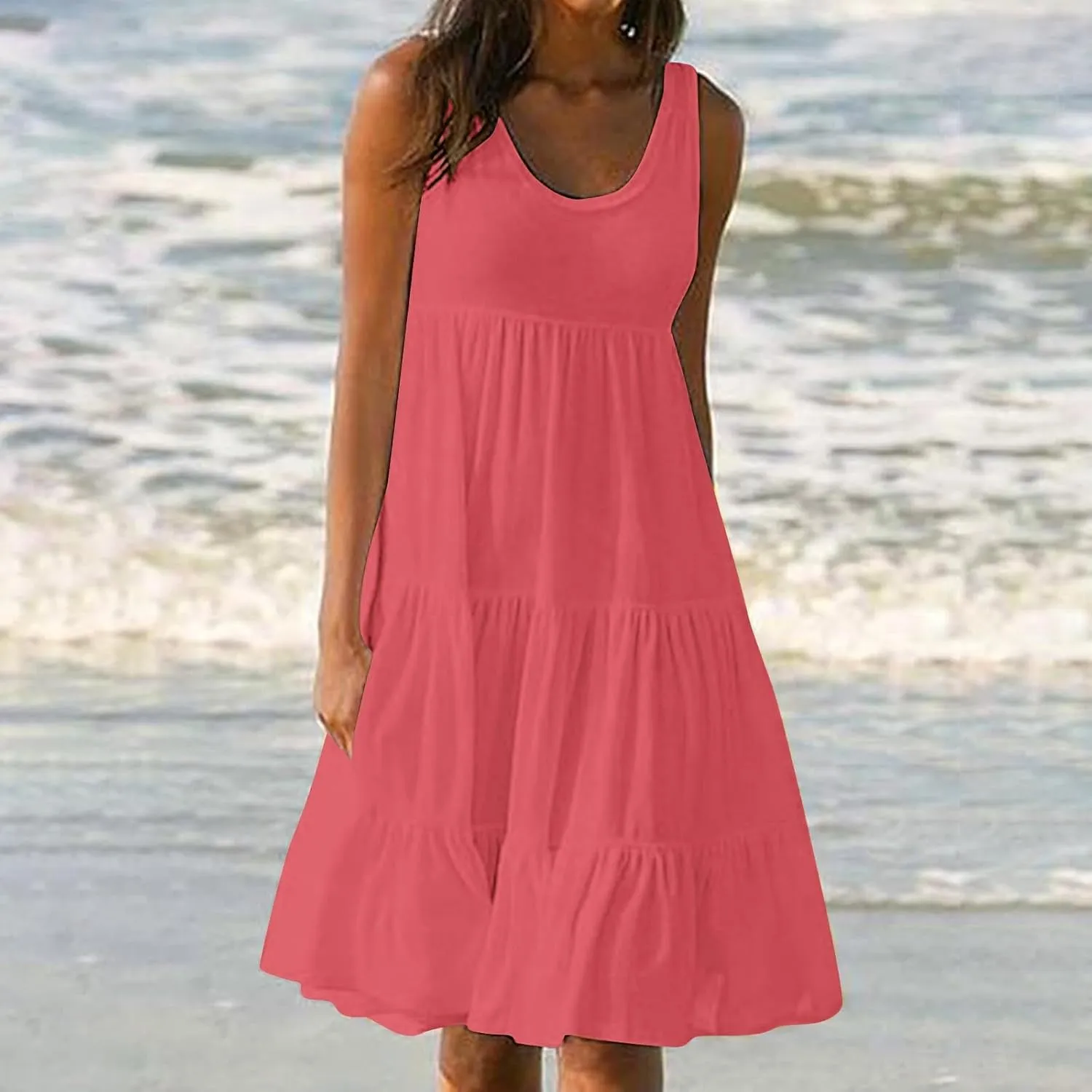 Women Plus Size Summer Dresses Loose Fit Crew Neck Sleeveless Sundress Cute Peplum Tired Beach Vacation Midi Dress