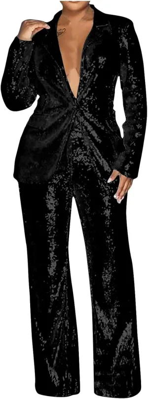 Women Sequin Blazer Sets Formal Prom Glitter Pants Suits Sparkly Jackets Wedding Evening Party 2 Piece Outfits