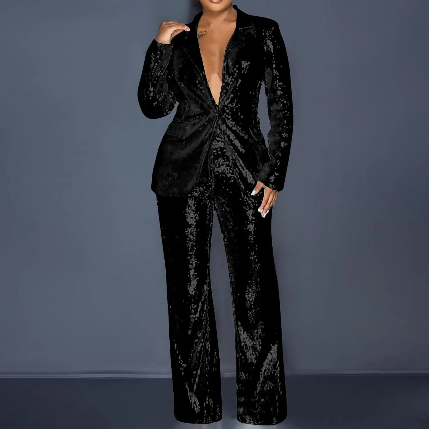 Women Sequin Blazer Sets Formal Prom Glitter Pants Suits Sparkly Jackets Wedding Evening Party 2 Piece Outfits