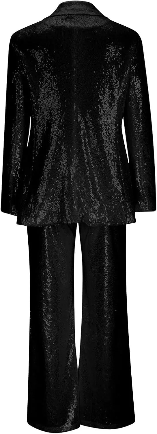 Women Sequin Blazer Sets Formal Prom Glitter Pants Suits Sparkly Jackets Wedding Evening Party 2 Piece Outfits