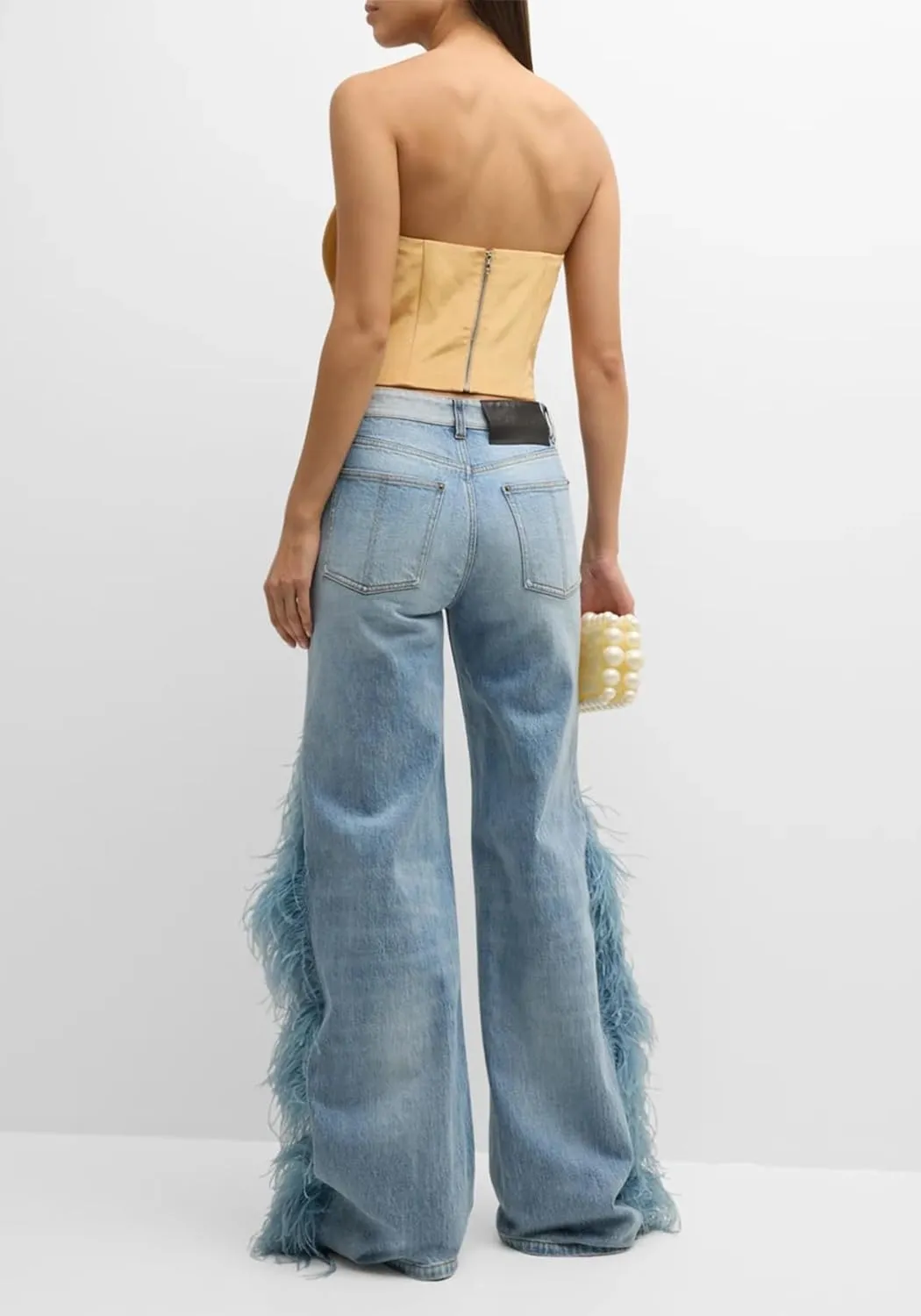 Women Straight Leg Y2k Jeans Faux Fur Plush Trim Loose Baggy High Waisted Denim Pants Hot Girl Streetwear