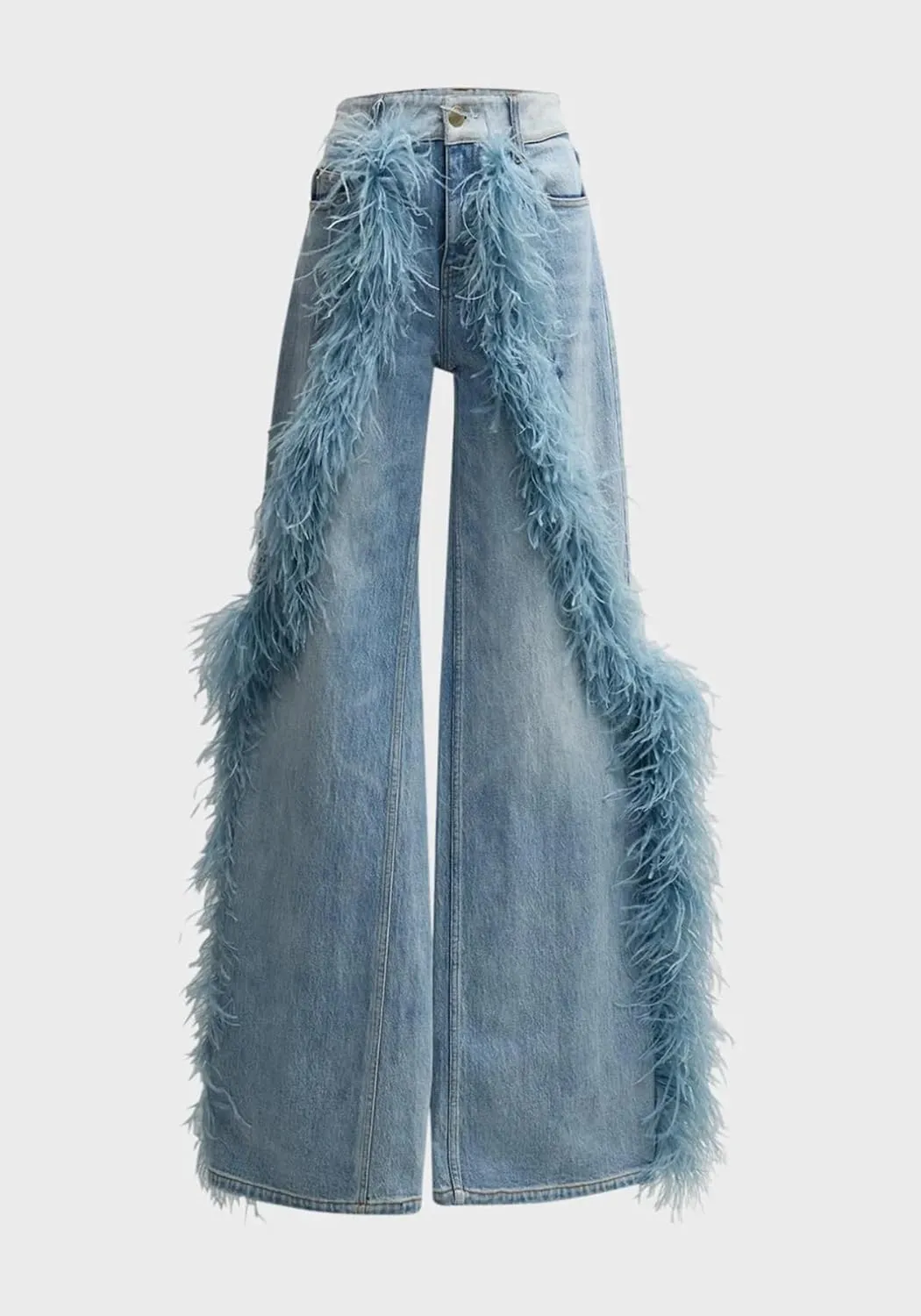 Women Straight Leg Y2k Jeans Faux Fur Plush Trim Loose Baggy High Waisted Denim Pants Hot Girl Streetwear