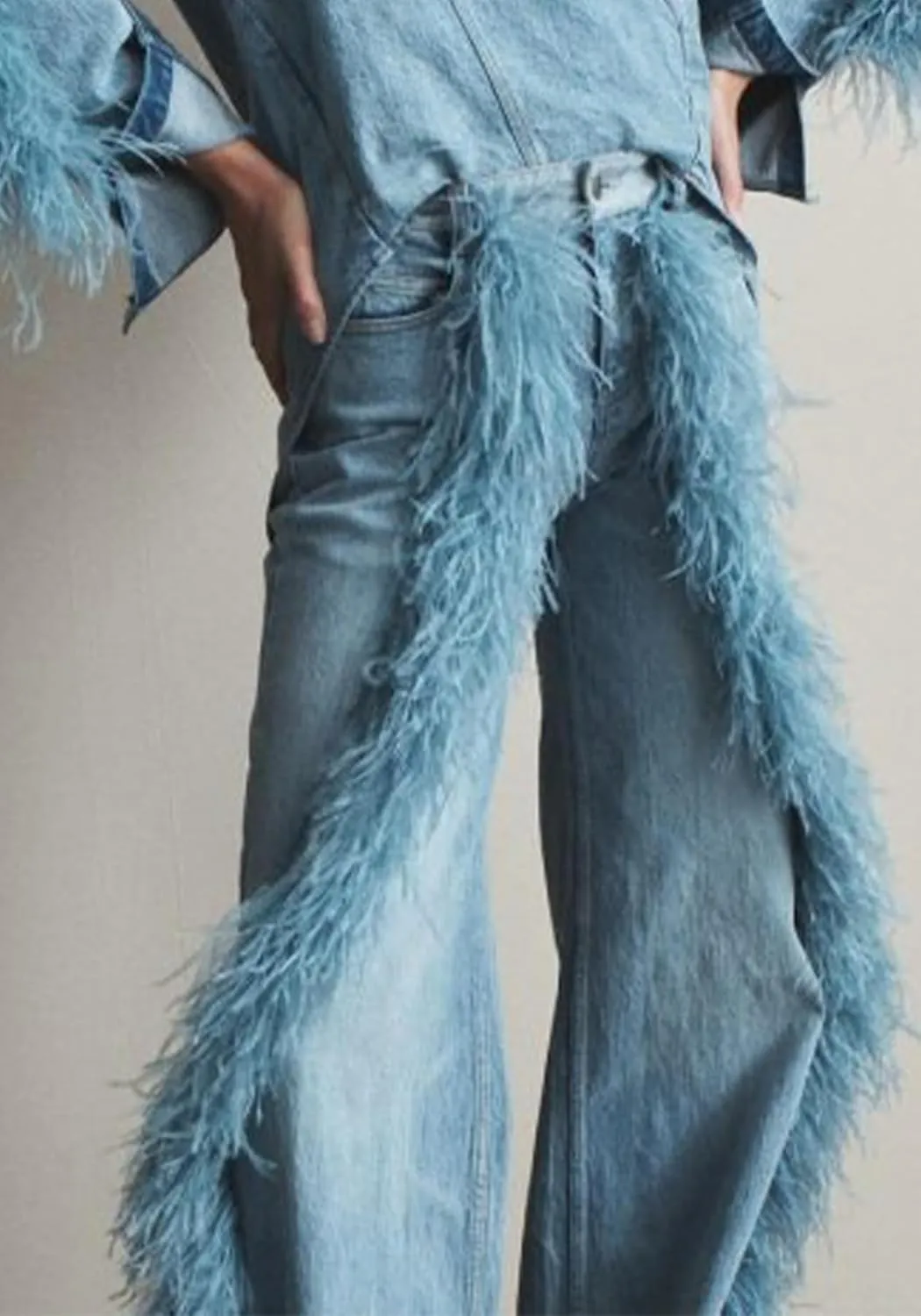 Women Straight Leg Y2k Jeans Faux Fur Plush Trim Loose Baggy High Waisted Denim Pants Hot Girl Streetwear