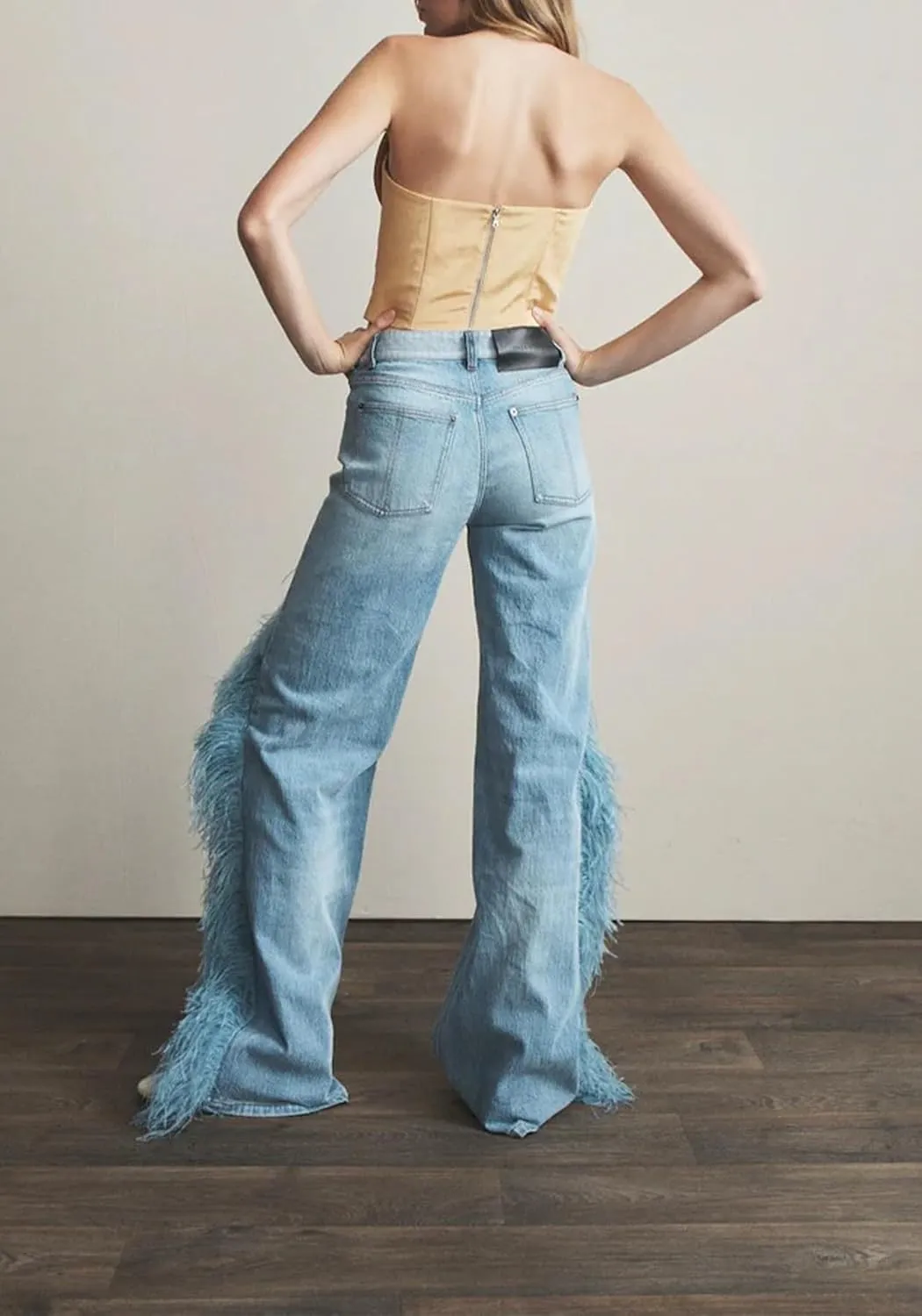 Women Straight Leg Y2k Jeans Faux Fur Plush Trim Loose Baggy High Waisted Denim Pants Hot Girl Streetwear