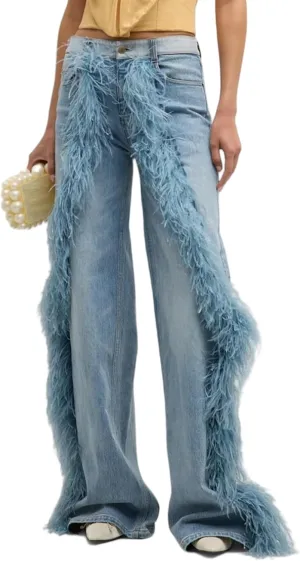 Women Straight Leg Y2k Jeans Faux Fur Plush Trim Loose Baggy High Waisted Denim Pants Hot Girl Streetwear
