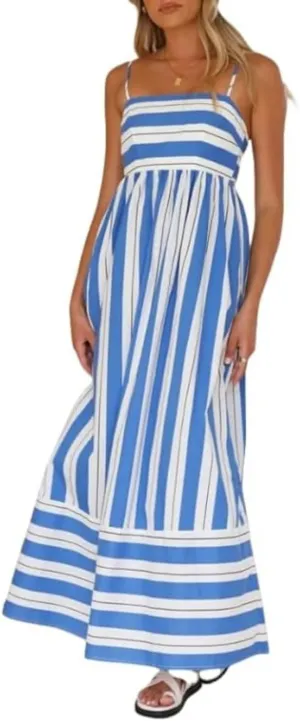 Women Striped Sleeveless Maxi Dress Boho Colorful Spaghetti Strap Dress Summer 2025 Flowy Casual Long Maxi Sundress 