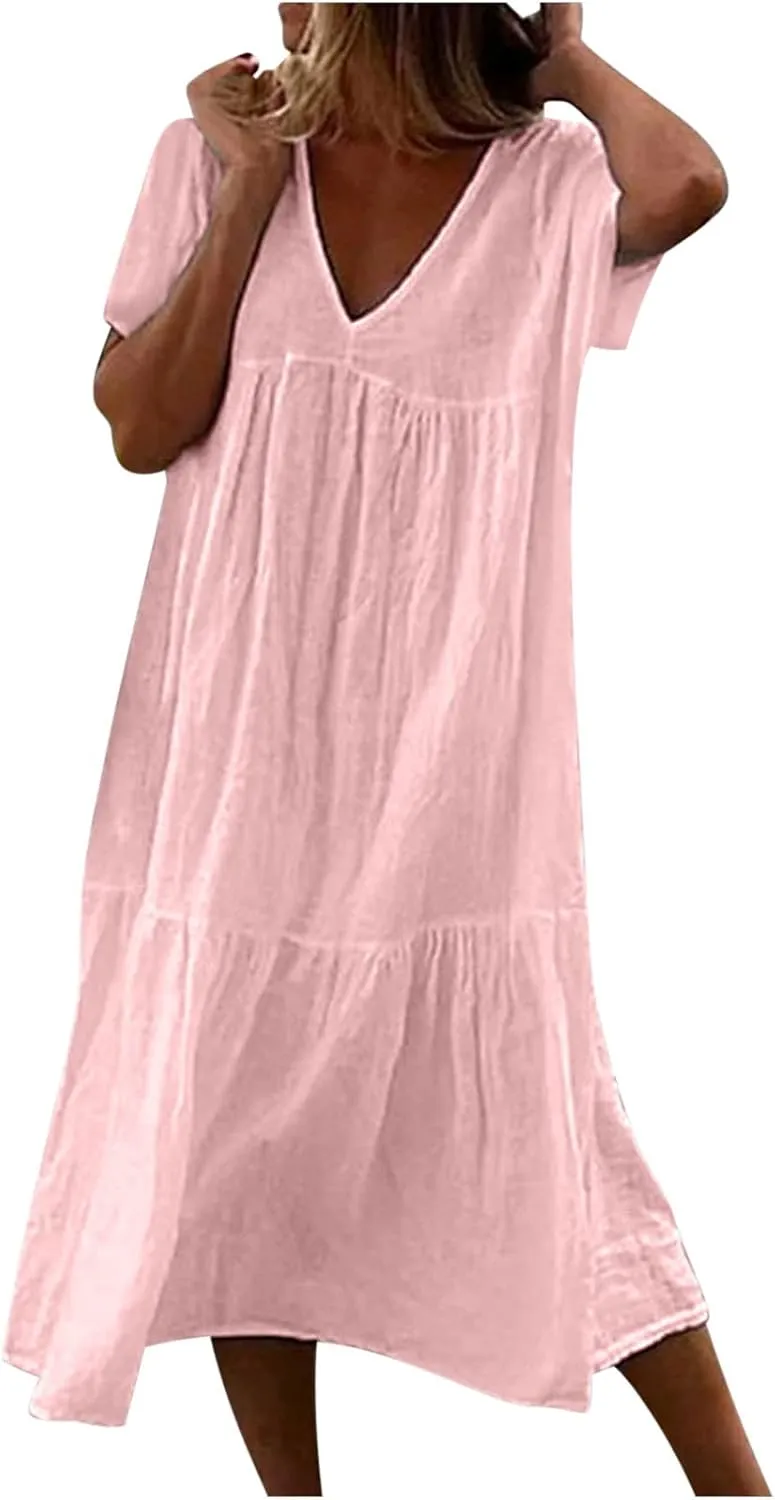 Women Summer Casual Dresses Short Sleeve V Neck Midi Tshirts Dress Flowy Tiered Beach Vacation Sundress 2024 Outfits