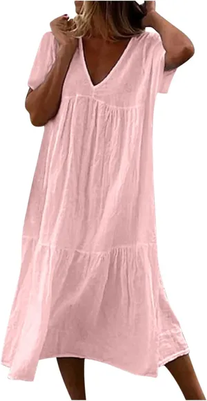 Women Summer Casual Dresses Short Sleeve V Neck Midi Tshirts Dress Flowy Tiered Beach Vacation Sundress 2024 Outfits