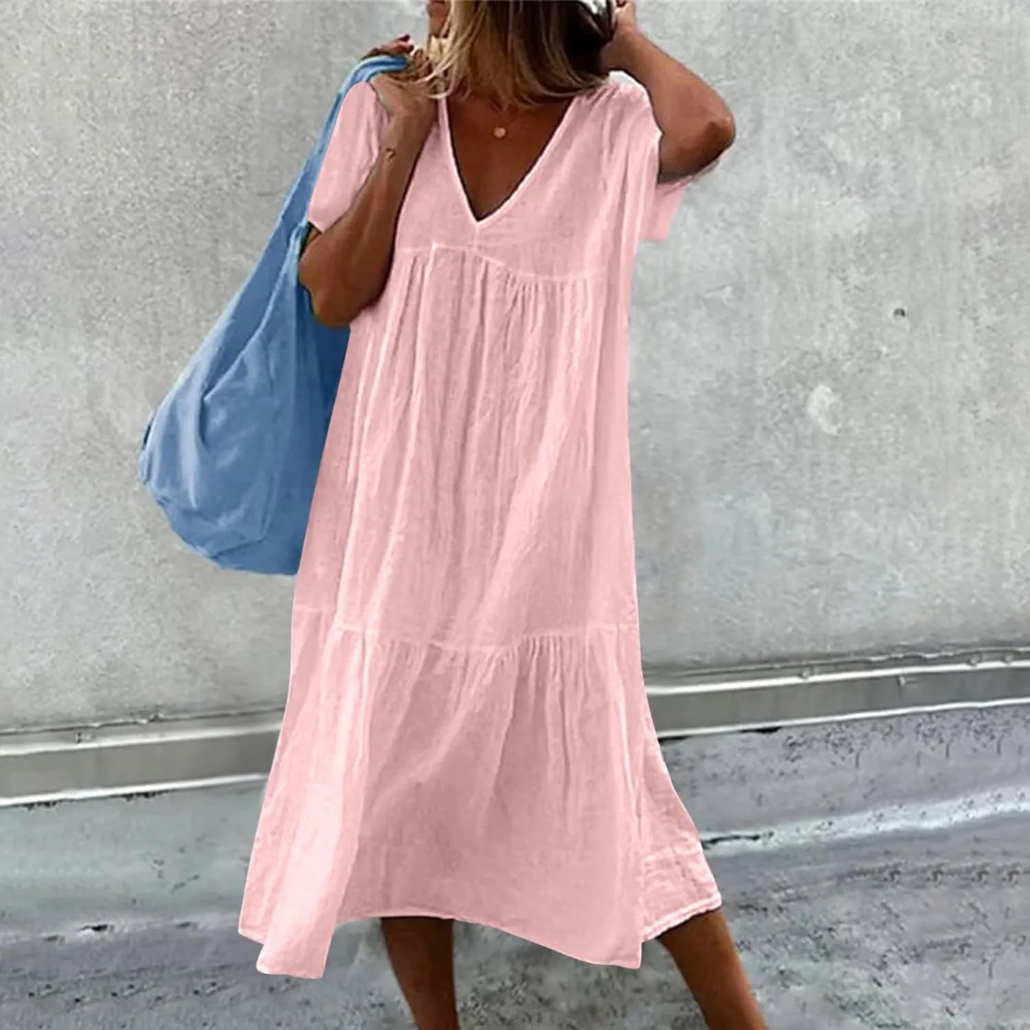 Women Summer Casual Dresses Short Sleeve V Neck Midi Tshirts Dress Flowy Tiered Beach Vacation Sundress 2024 Outfits
