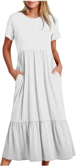 Women Summer Ruffle Hem Floral Lace Eyelet Dress Short Sleeve Casual Round Neck Midi Flowy Tunic Dress with Pockets