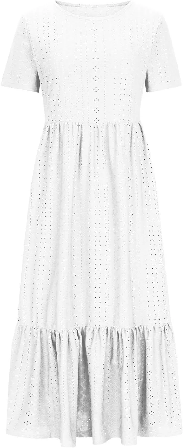 Women Summer Ruffle Hem Floral Lace Eyelet Dress Short Sleeve Casual Round Neck Midi Flowy Tunic Dress with Pockets