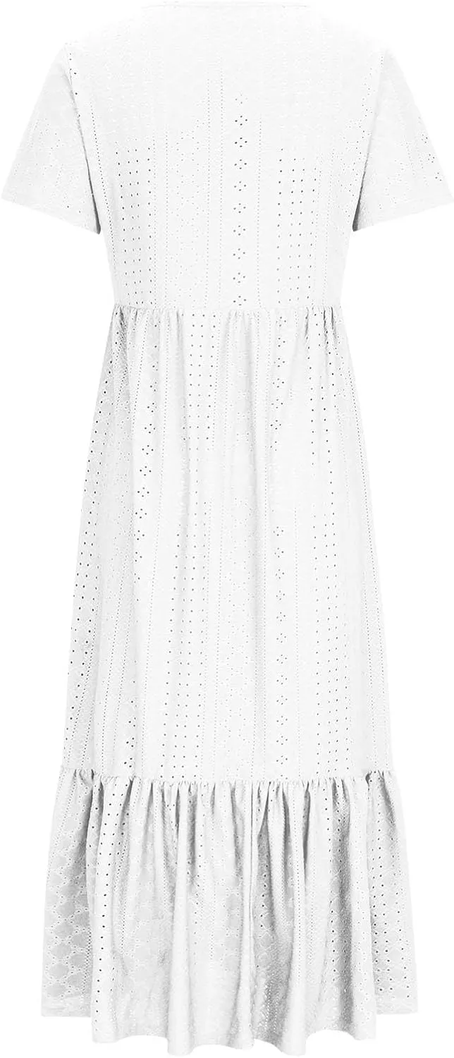 Women Summer Ruffle Hem Floral Lace Eyelet Dress Short Sleeve Casual Round Neck Midi Flowy Tunic Dress with Pockets