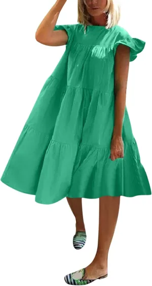 Women Summer Ruffle Loose Swing Casual Dress Summer Dresses Sleeveless Ruffle Sleeve Round Neck Solid Flowy Babydoll Dress