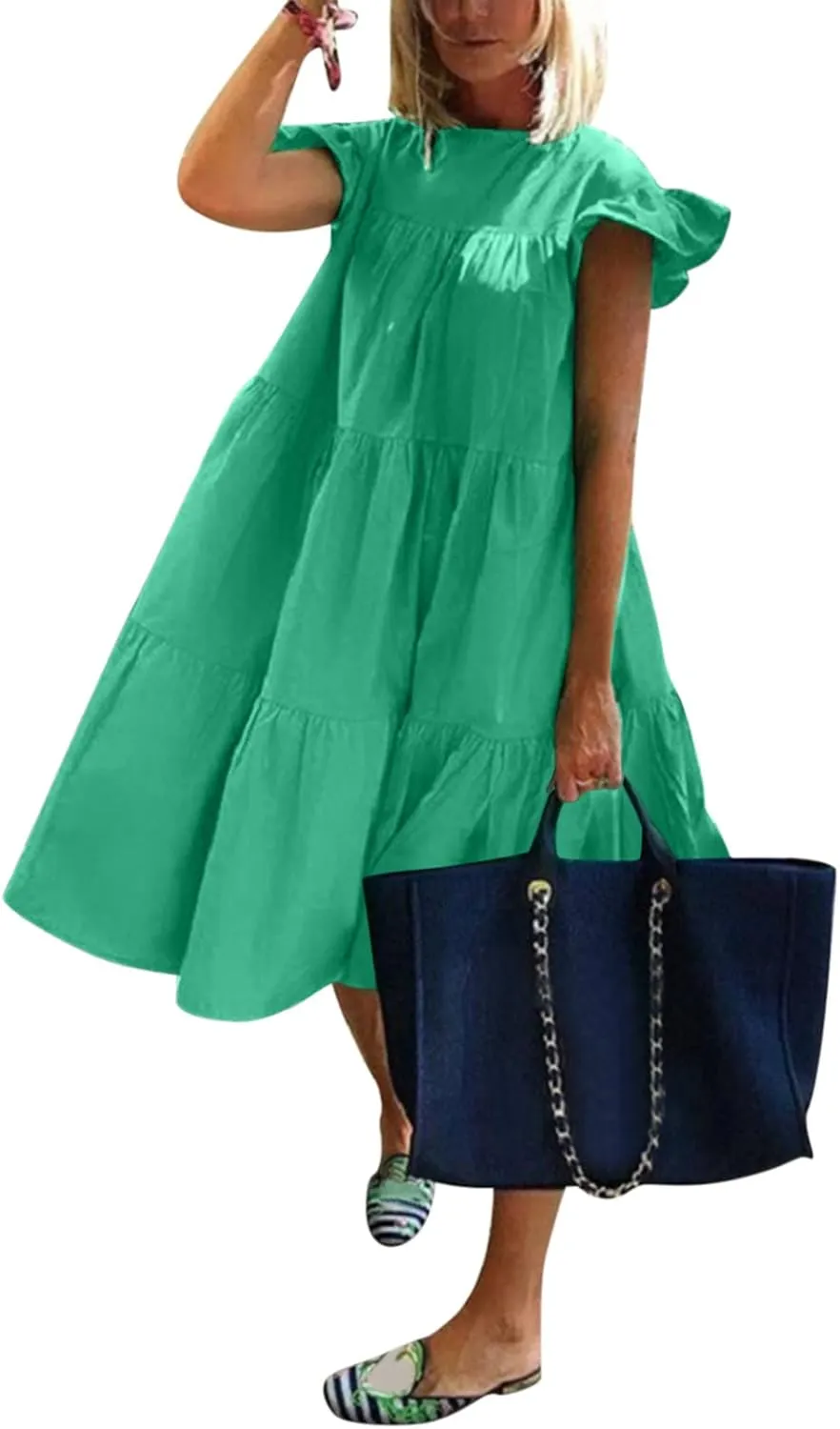 Women Summer Ruffle Loose Swing Casual Dress Summer Dresses Sleeveless Ruffle Sleeve Round Neck Solid Flowy Babydoll Dress