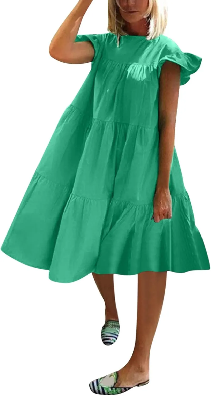 Women Summer Ruffle Loose Swing Casual Dress Summer Dresses Sleeveless Ruffle Sleeve Round Neck Solid Flowy Babydoll Dress
