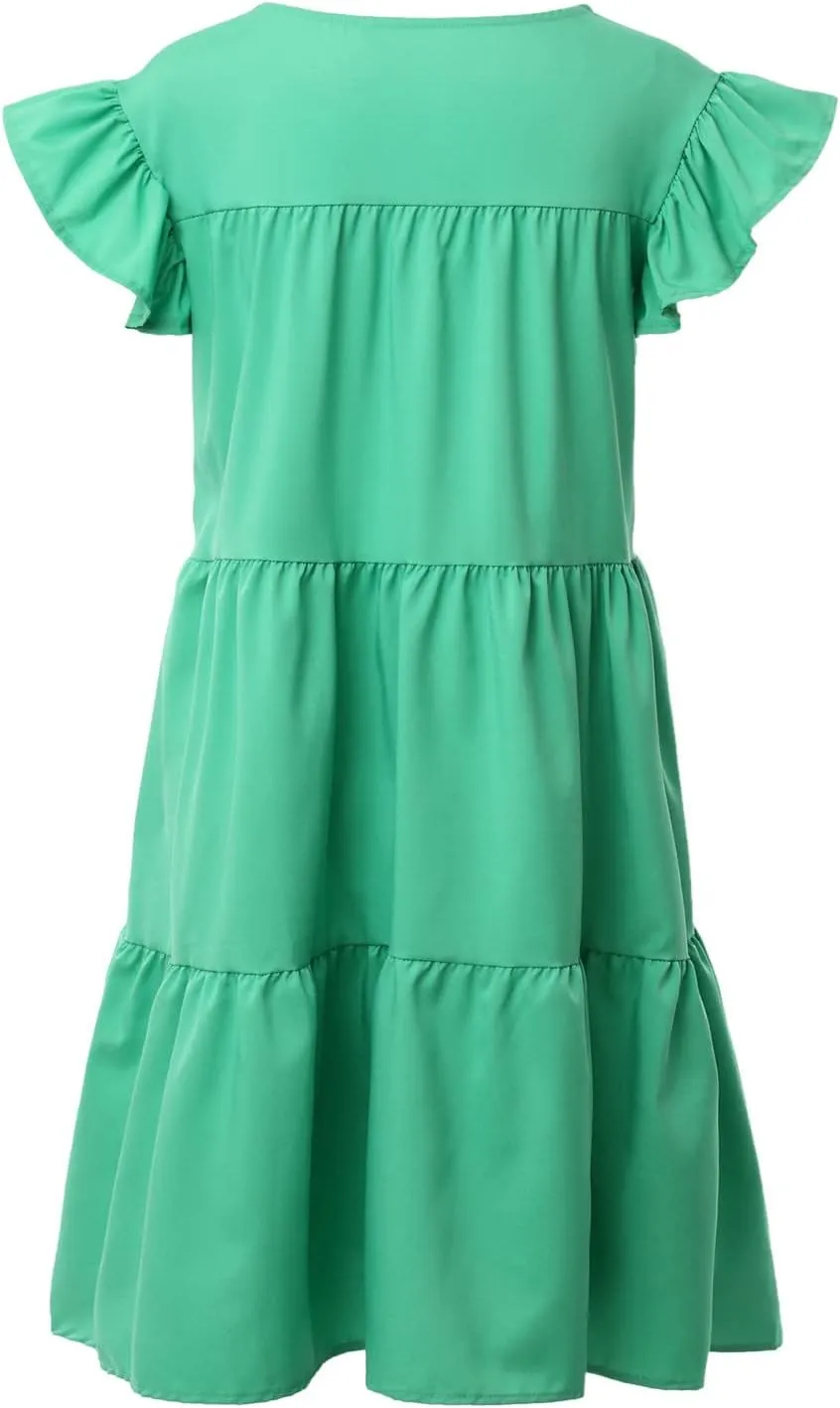 Women Summer Ruffle Loose Swing Casual Dress Summer Dresses Sleeveless Ruffle Sleeve Round Neck Solid Flowy Babydoll Dress