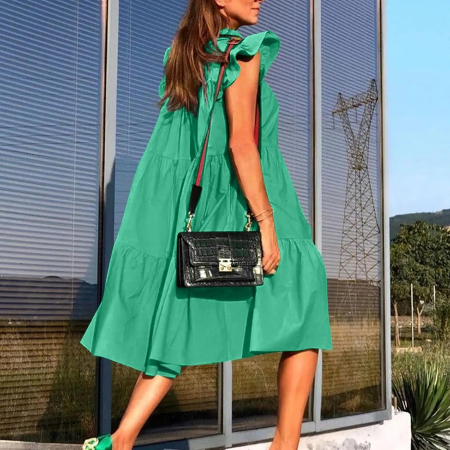 Women Summer Ruffle Loose Swing Casual Dress Summer Dresses Sleeveless Ruffle Sleeve Round Neck Solid Flowy Babydoll Dress