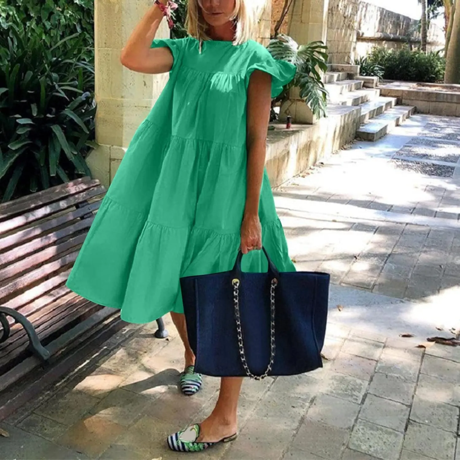 Women Summer Ruffle Loose Swing Casual Dress Summer Dresses Sleeveless Ruffle Sleeve Round Neck Solid Flowy Babydoll Dress