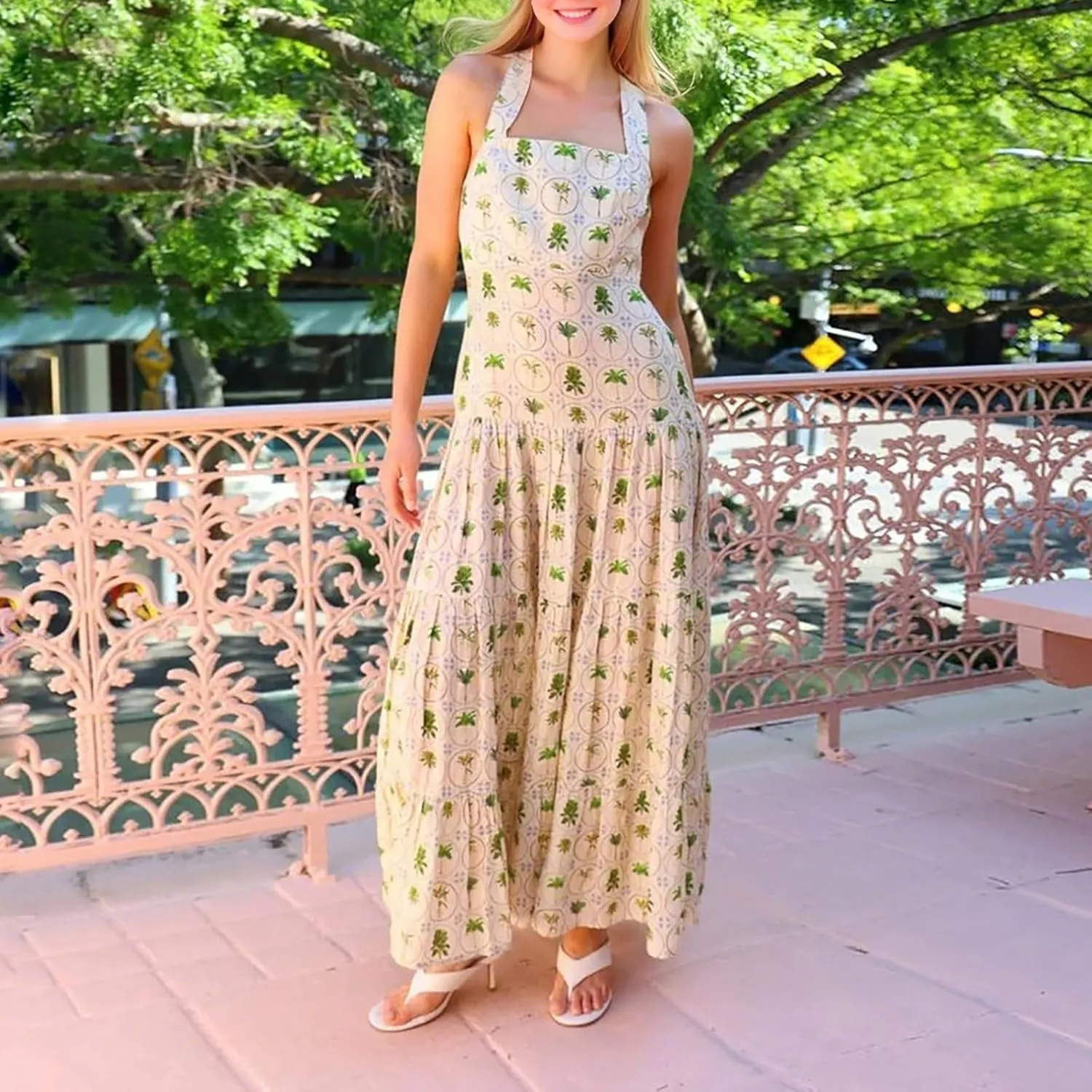 Women Tie Shoulder Graphic Boho Maxi Dress Sleeveless Flowy Tiered A Line Dress Summer Vocation Graffiti Sundress