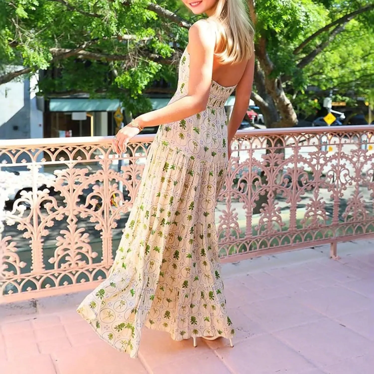 Women Tie Shoulder Graphic Boho Maxi Dress Sleeveless Flowy Tiered A Line Dress Summer Vocation Graffiti Sundress