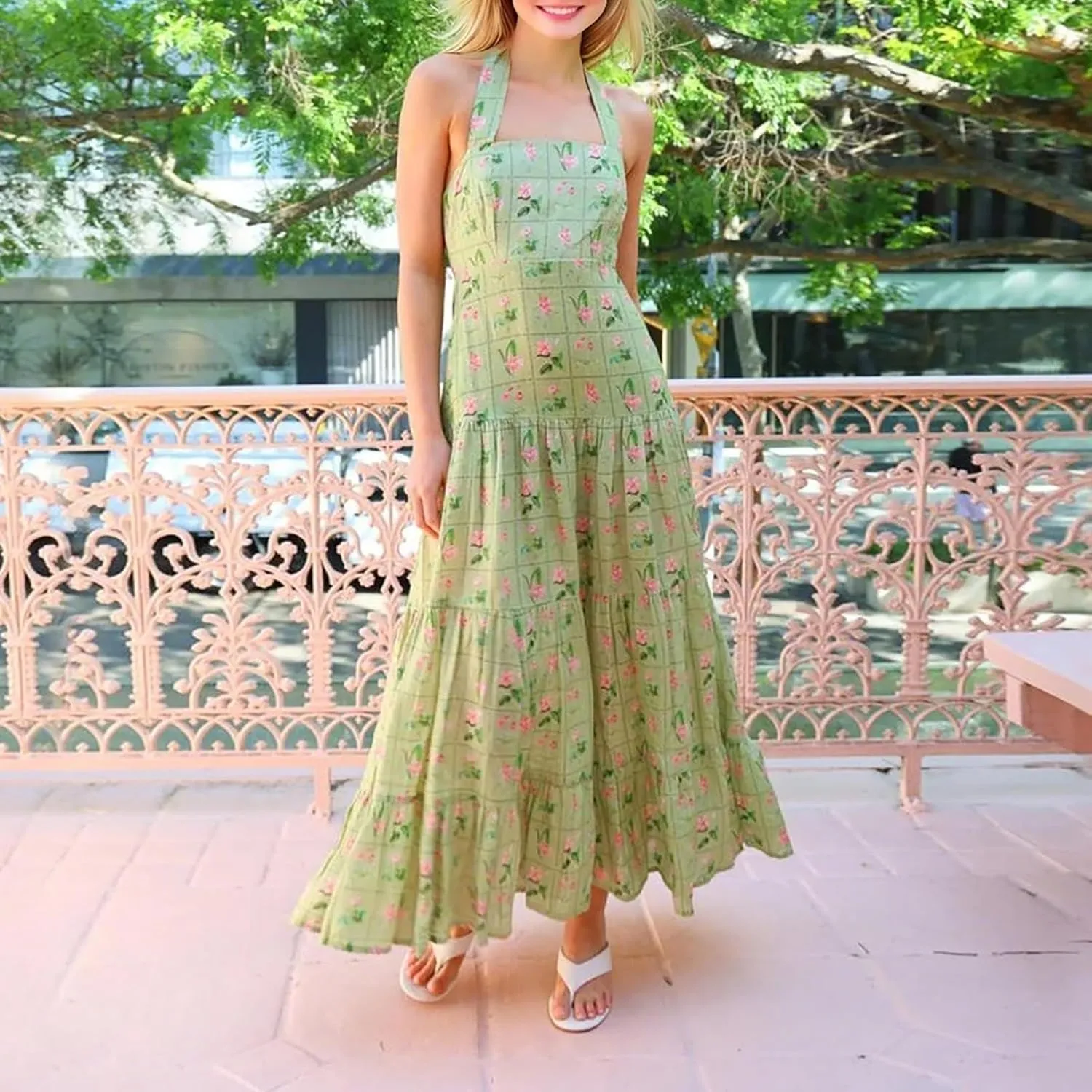 Women Tie Shoulder Graphic Boho Maxi Dress Sleeveless Flowy Tiered A Line Dress Summer Vocation Graffiti Sundress