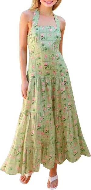 Women Tie Shoulder Graphic Boho Maxi Dress Sleeveless Flowy Tiered A Line Dress Summer Vocation Graffiti Sundress