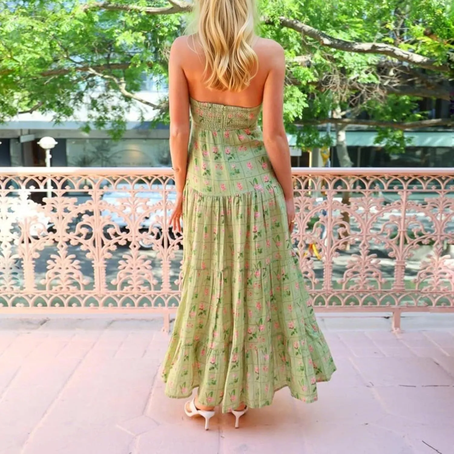 Women Tie Shoulder Graphic Boho Maxi Dress Sleeveless Flowy Tiered A Line Dress Summer Vocation Graffiti Sundress