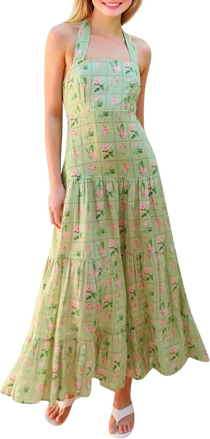 Women Tie Shoulder Graphic Boho Maxi Dress Sleeveless Flowy Tiered A Line Dress Summer Vocation Graffiti Sundress