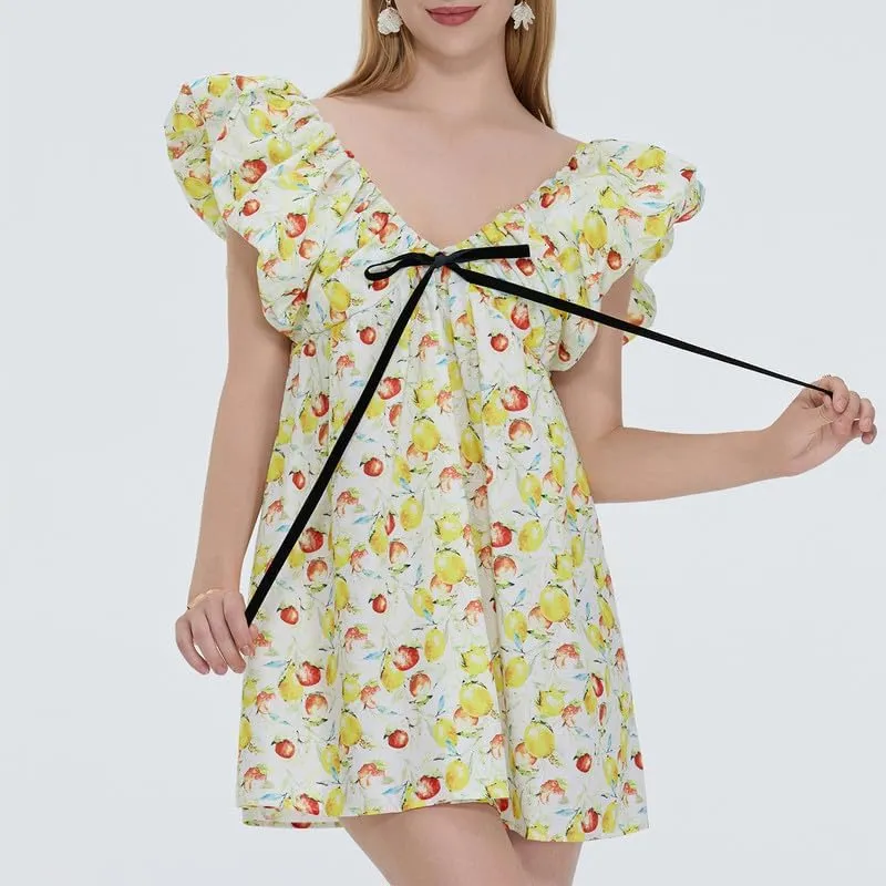Women Y2k Floral Babydoll Mini Dress Ruffle Backless Bow Tie Short Dress Flowy Boho Beach Vacation Sundress