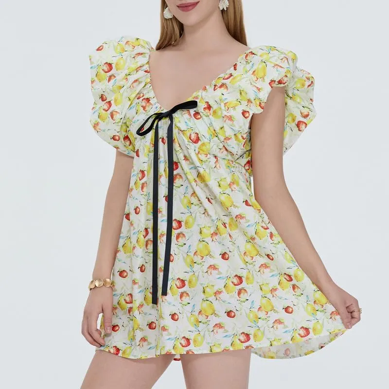 Women Y2k Floral Babydoll Mini Dress Ruffle Backless Bow Tie Short Dress Flowy Boho Beach Vacation Sundress