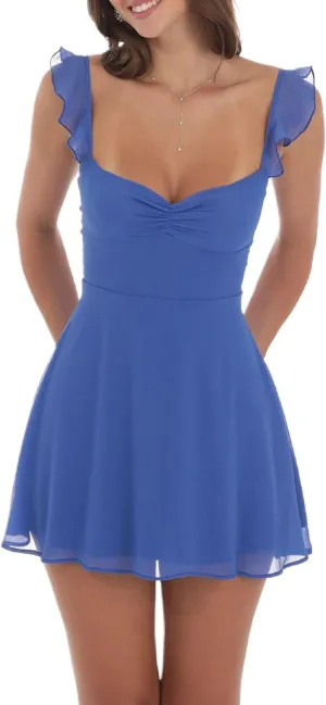 Women Y2k Lace Mini Dress Spaghetti Strap Backless Tie Bow Ruffle Dress Flowy Short Graduation Dresses