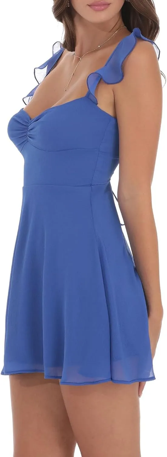 Women Y2k Lace Mini Dress Spaghetti Strap Backless Tie Bow Ruffle Dress Flowy Short Graduation Dresses