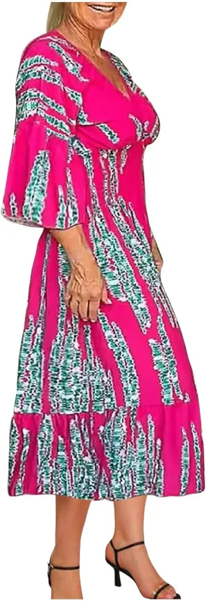 Womens 2024 Boho Print Midi Vacation Dress Summer Bell Sleeve Deep V Neck Smocked High Waist Tiered Ruffle Beach Dresses