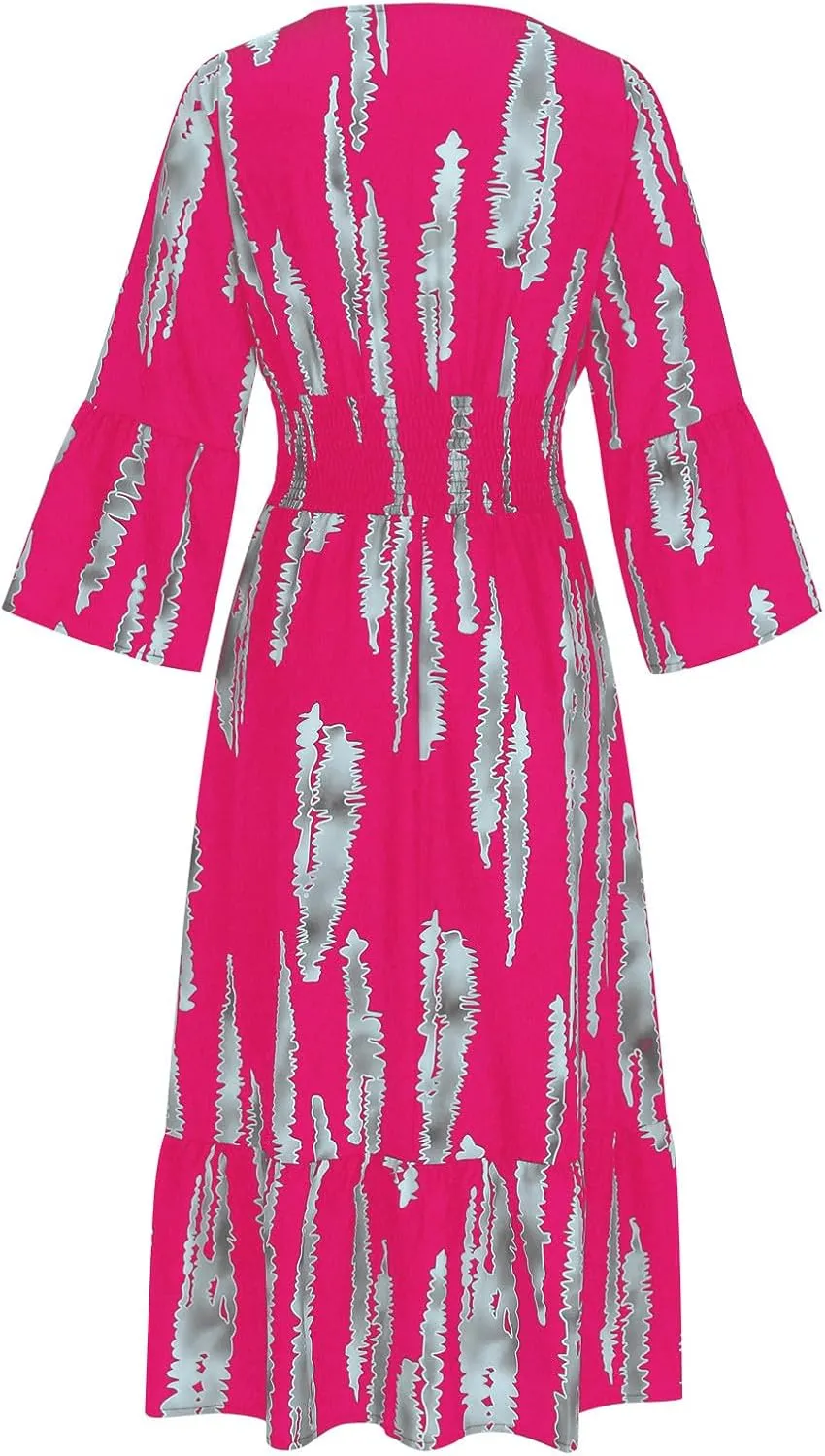 Womens 2024 Boho Print Midi Vacation Dress Summer Bell Sleeve Deep V Neck Smocked High Waist Tiered Ruffle Beach Dresses