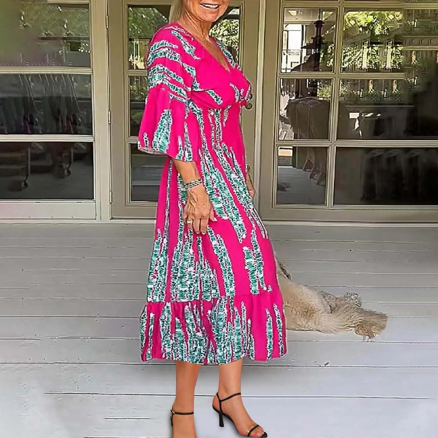 Womens 2024 Boho Print Midi Vacation Dress Summer Bell Sleeve Deep V Neck Smocked High Waist Tiered Ruffle Beach Dresses