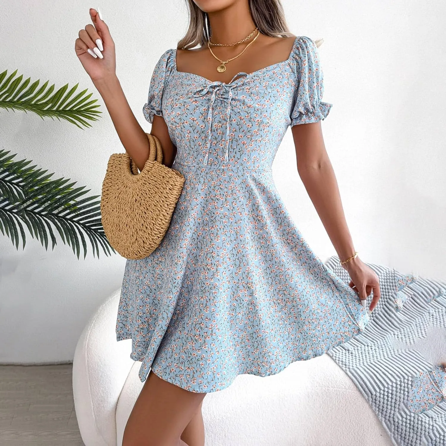 Women's 2024 Summer Floral Boho Dress Square Neck Short Sleeve Ruffle Swing A Line Beach Long Mini Dress