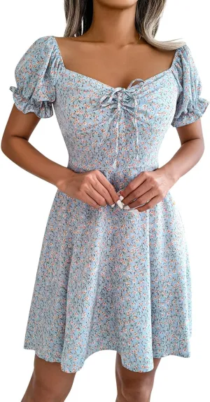 Women's 2024 Summer Floral Boho Dress Square Neck Short Sleeve Ruffle Swing A Line Beach Long Mini Dress