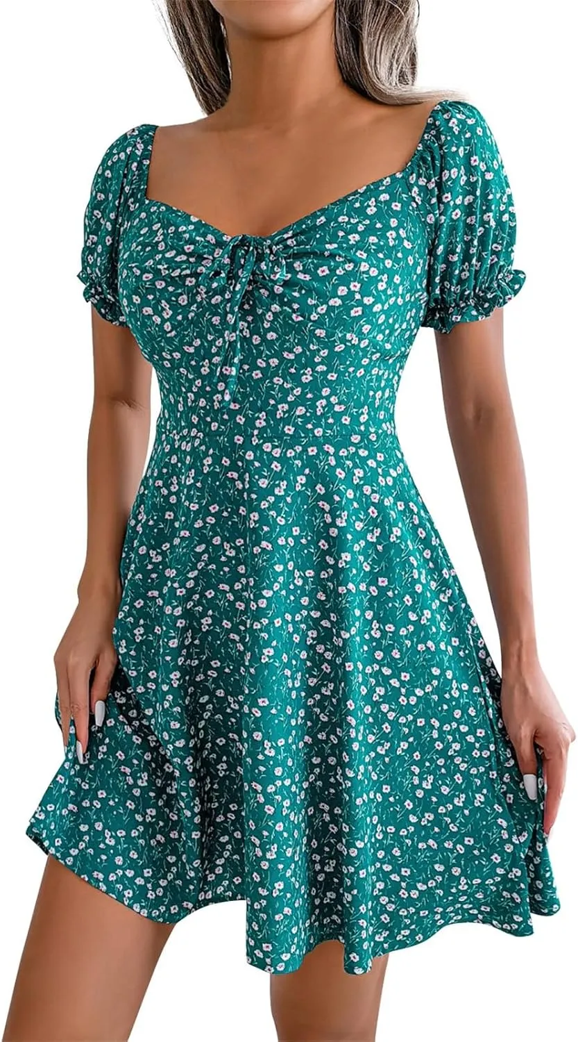 Women's 2024 Summer Floral Boho Dress Square Neck Short Sleeve Ruffle Swing A Line Beach Long Mini Dress